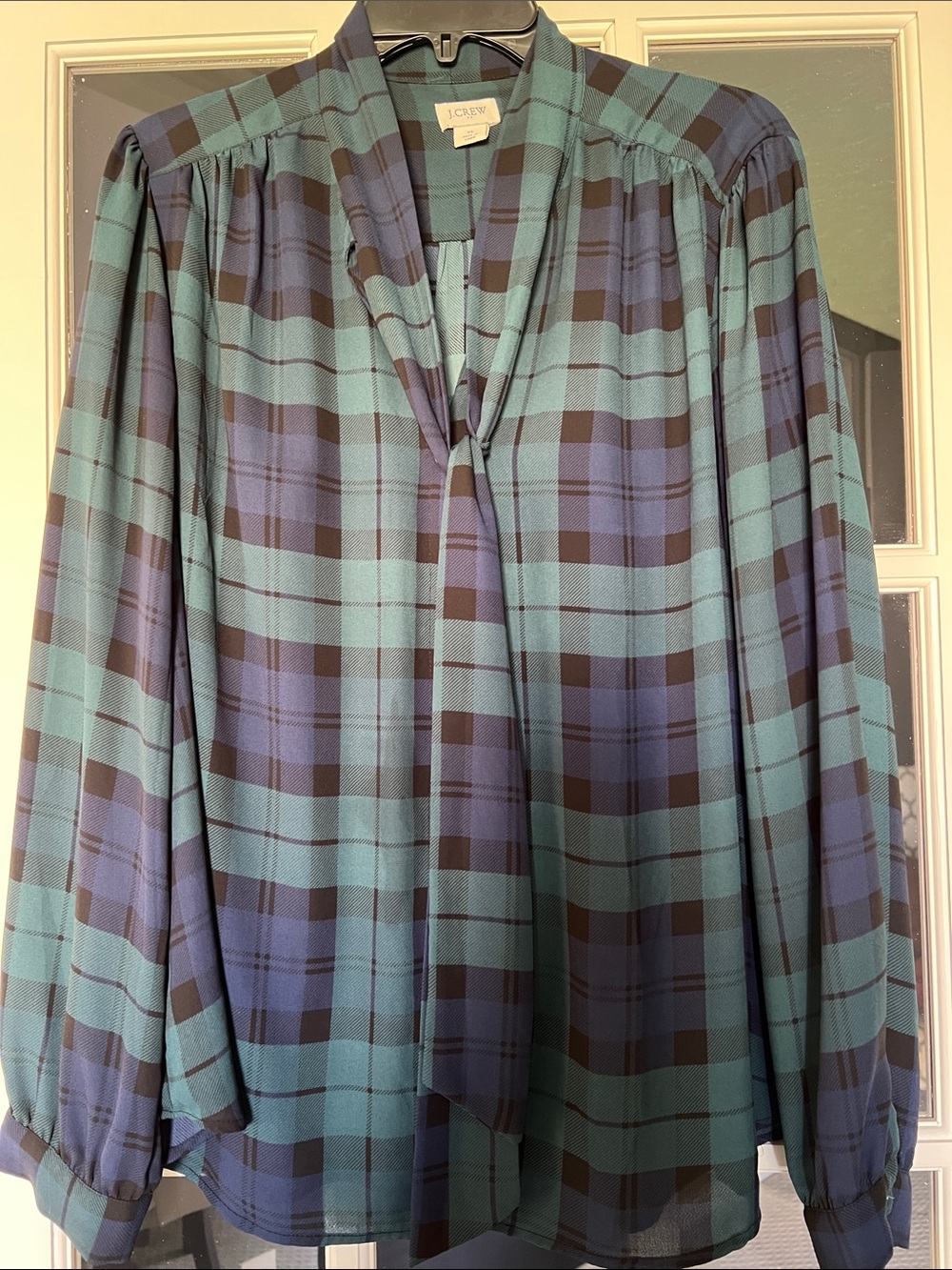 J. Crew Factory Women’s Black Watch Plaid Black Tie-Neck Blouse